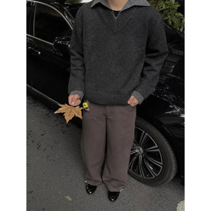 Retro fake two piece V-neck sweater men's winter lapel old money style knitted sweater top lazy style jacket.