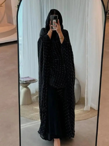 Ramadan Wave Point Black Open Muslim Modest With Hijab Women Kimono Abaya Damen Dubai Islam Kebaya Kaftan Robe Femme Musulman.