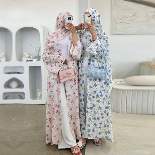 Muslim Abaya Set Luxury EID Islamic Kimono Muslim Women Dress Floral Printed Chiffon Modest Gorgeous Dubai Abaya Dress Suit.