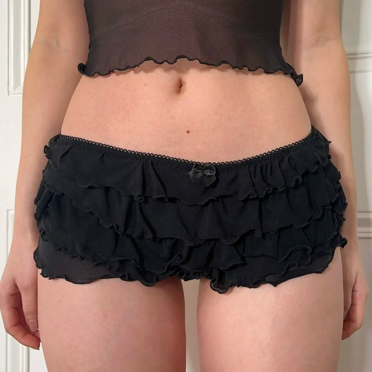 Y2k Multi-layers Ruffle Sheer Shorts Edge Waistband Bow Low Waist Micro Pants Fairy Coquette 00s Cute Mini Shorts Rave Party.