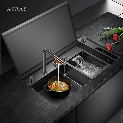 ASRAS Hidden Double Sinks Smart Purifying Kitchen Island Sinks Flip Cover Hidden 4mm Thickness Handmade kitchen Sinks