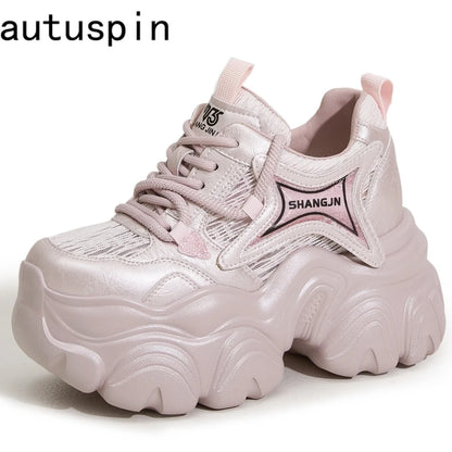 AUTUSPIN 10cm Pink Thick Soled Shoes for Summer Women Breathable Lace-up Ladies Sneakers Outdoor Casual Fashion Platform Shoes.