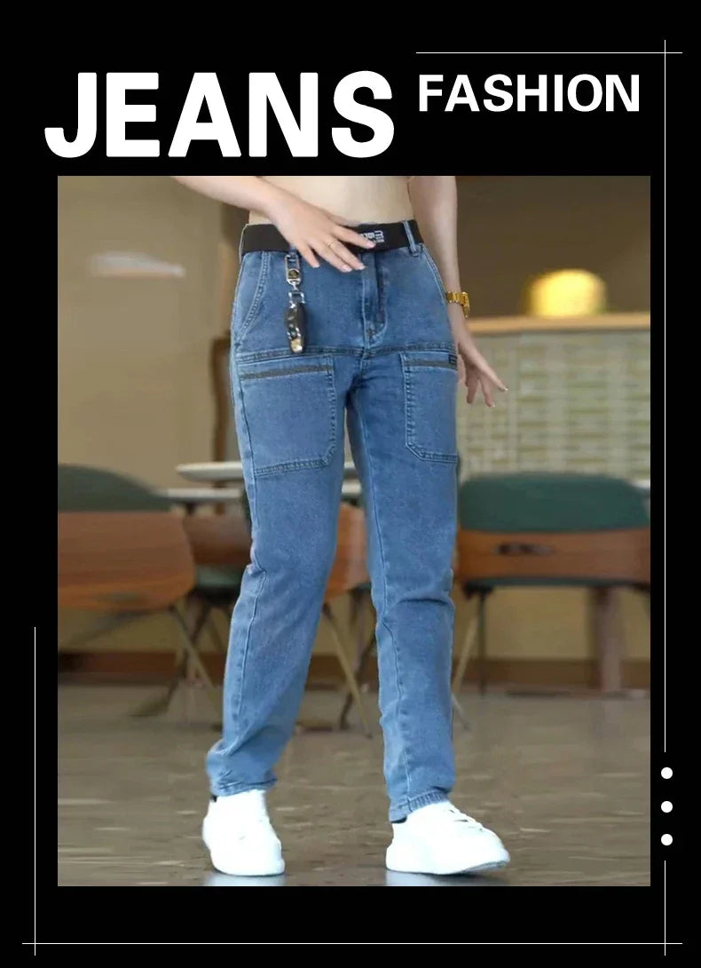 Men Cargo Pants Slim Stretch Jeans Multi Pocket Fashion Streetwear Designer Skinny Male Denim Trousers Brand Clothes Blue Black.