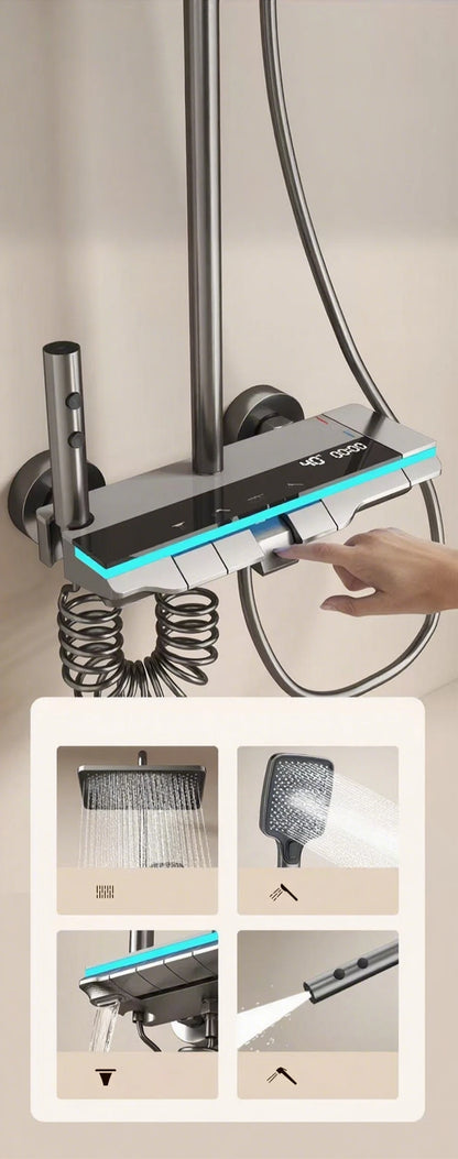 Bathroom Shower System Brass Mirror Surface Temperature-Controlled for Bathtub Faucet with Digital Display, LED Strip