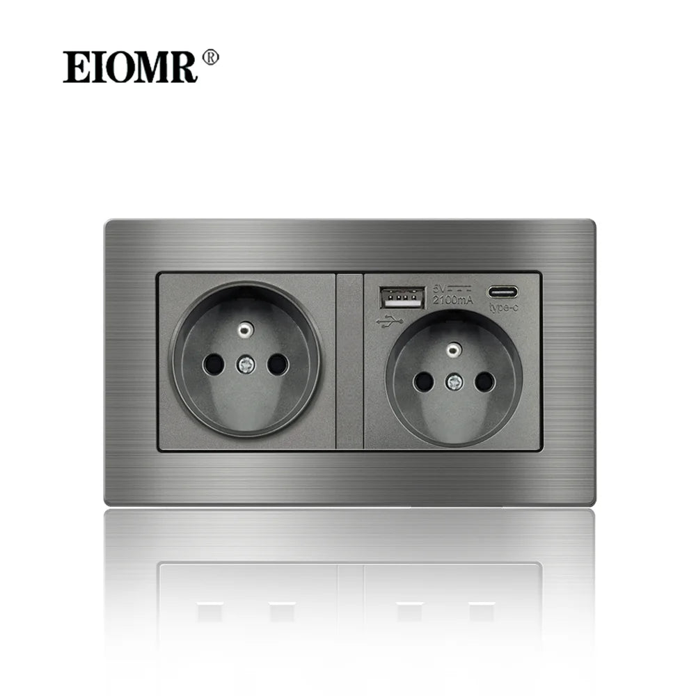 EIOMR Frankreich Standard-Steckdose, graue Aluminiumlegierung, Lichtschalter, RJ45, Fernseher, 220 V, 16 A, Wandsteckdosen für Haushaltsgeräte