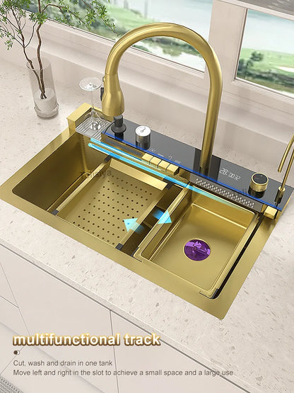 Goldenes Wasserfall-Küchenspüle, Edelstahlspüle, geprägte Digitalanzeige, Einzelschlitz-Waschbecken für die Wohnung, goldenes Waschbecken