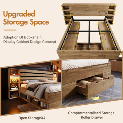 Bett mit gepolstertem Bettsystem mit Leselampe und USB-C-Nachttisch und Sitzbank mit Stauraum (ohne Matratze)