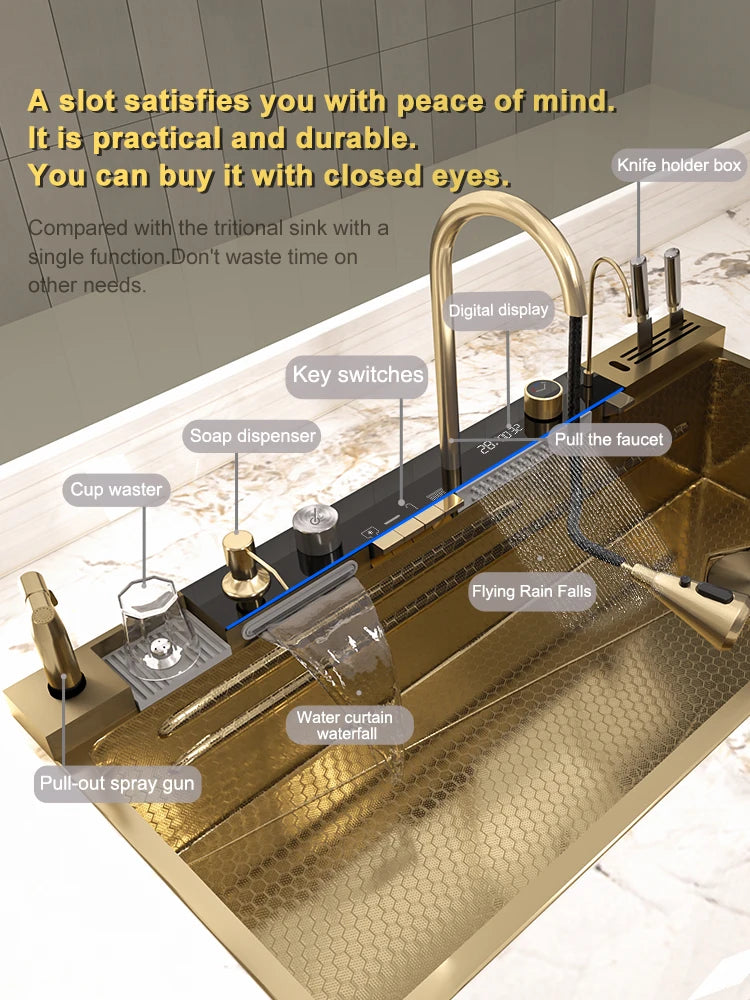 Golden Stainless Steel Kitchen Sink Waterfall Outlet Large Single Sink Digital Display Dishwashing and Vegetable Sinks