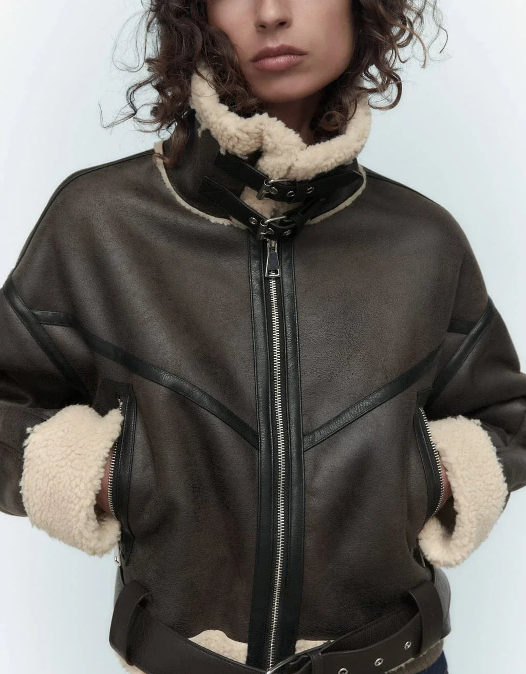 Frau dicke warme doppelseitige Faux Shear ling Jacke Herbst Winter neue Revers Langarm Gürtel Saum Reiß verschluss weibliche Oberbekleidung