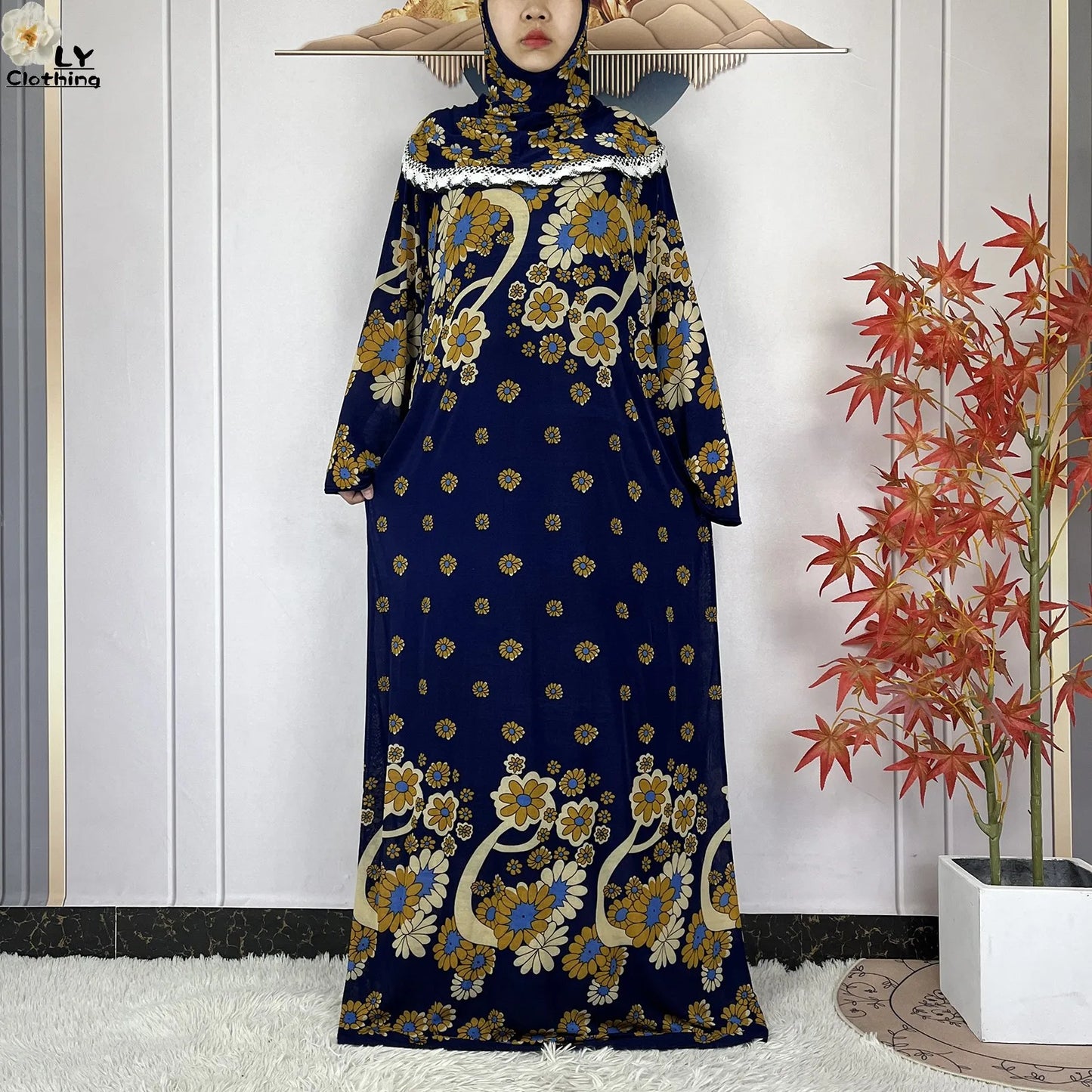 Muslim Ramadan Prayer For Women Long Sleeved Floral 2023Dubai Turkey Middle East Femme Loose Robe African Abayas Headscarf Dress