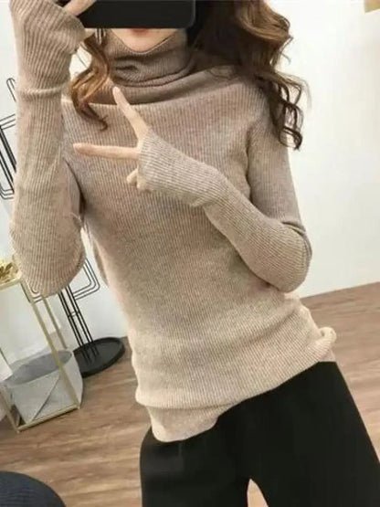 Neue Herbst Winter Grundlegende Gestrickte Tops Frauen Rollkragen Pullover Casual Pullover Koreanische Mode Einfache Mit Daumen Löcher Chic Kleidung