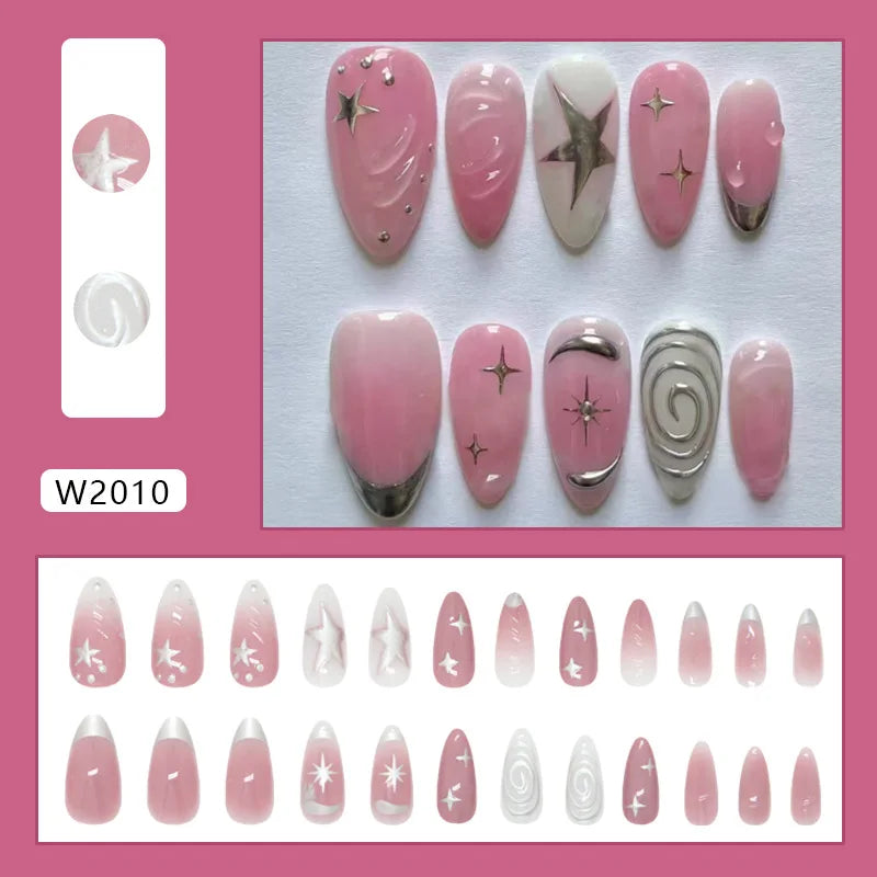 24pcs Red Star Print Fake Nails Sweet Cool Short Almond Press on Nail for Women Wearable Detachable Ins Spice Girl False Nails
