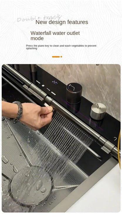 304 Edelstahl Wasserfall Küchen spüle große Einzels chlitz integrierte Digital anzeige Wasserhahn Set Seifensp ender Tasse Waschmaschine