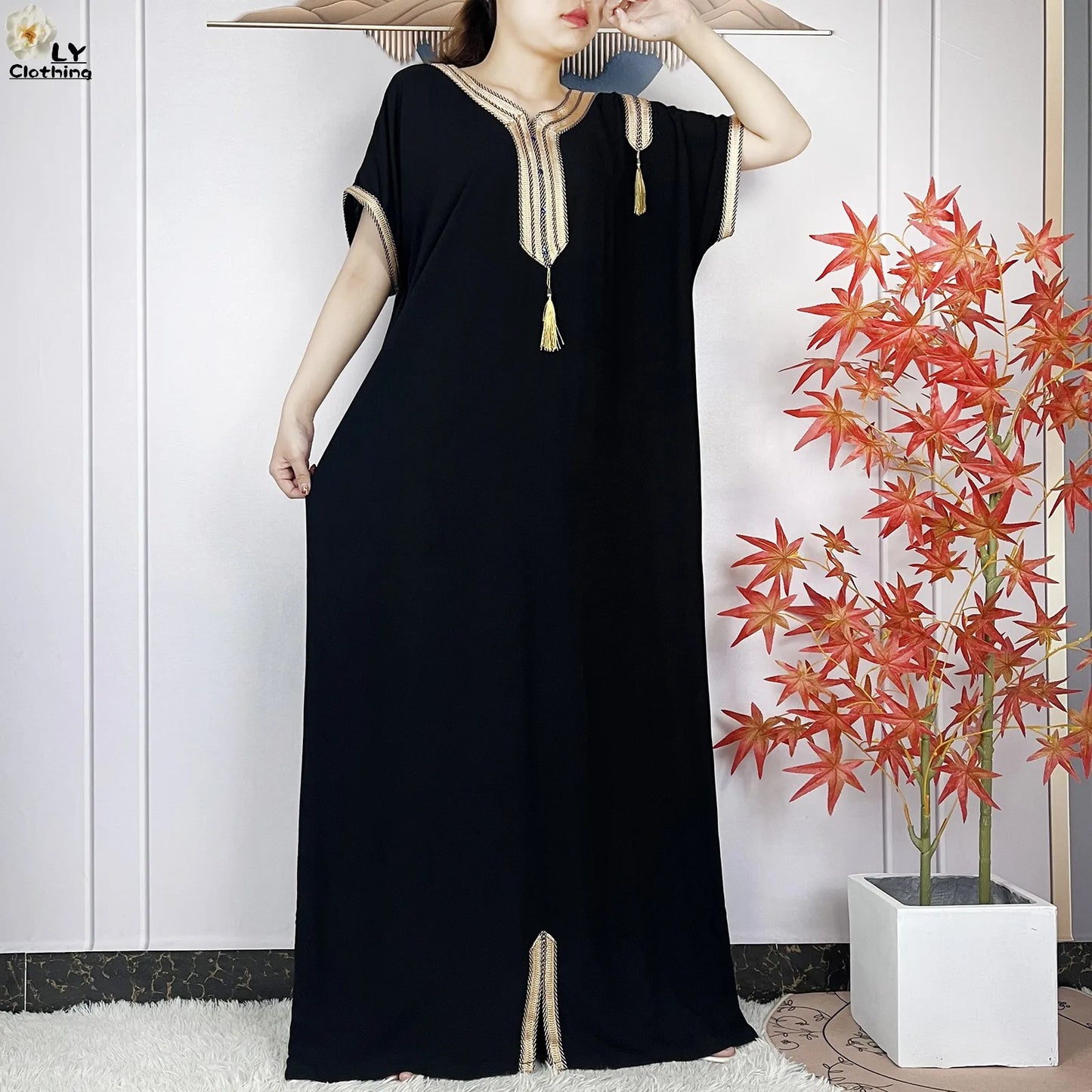 New Muslim Abayas Summer Short Sleeve African Dashiki Tassels Cotton Loose Caftan Lady Maxi Islam Casual Dresses With Headscarf.