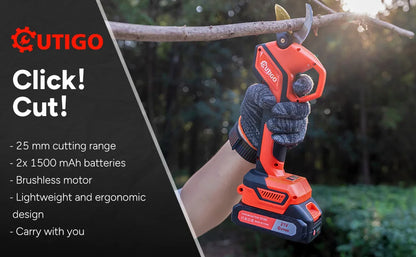 Professionelle Elektrische Gartenschere 25mm 2*1500mAh,2* 21v Lithium-Wiederaufladbar Akku Astschere, Rosenschere