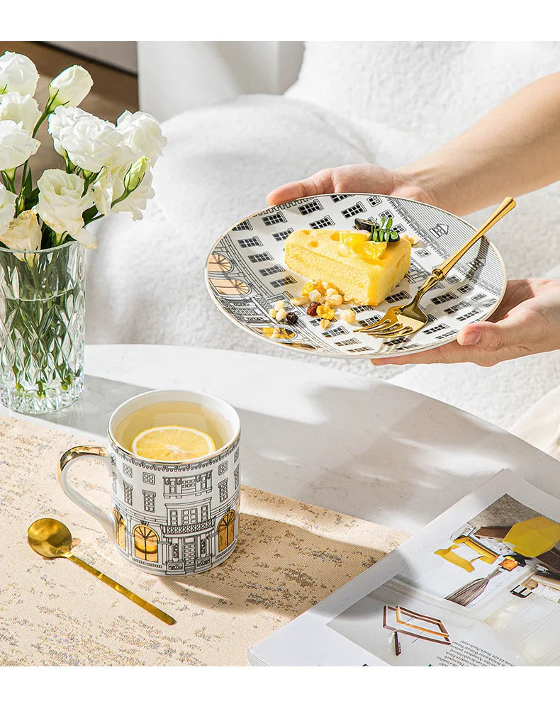 European-style Roman Architecture Ceramic Disc Coffee Cup Snacks Main Course Plate Kitchen Tableware Coffee Mug Storage Tray.