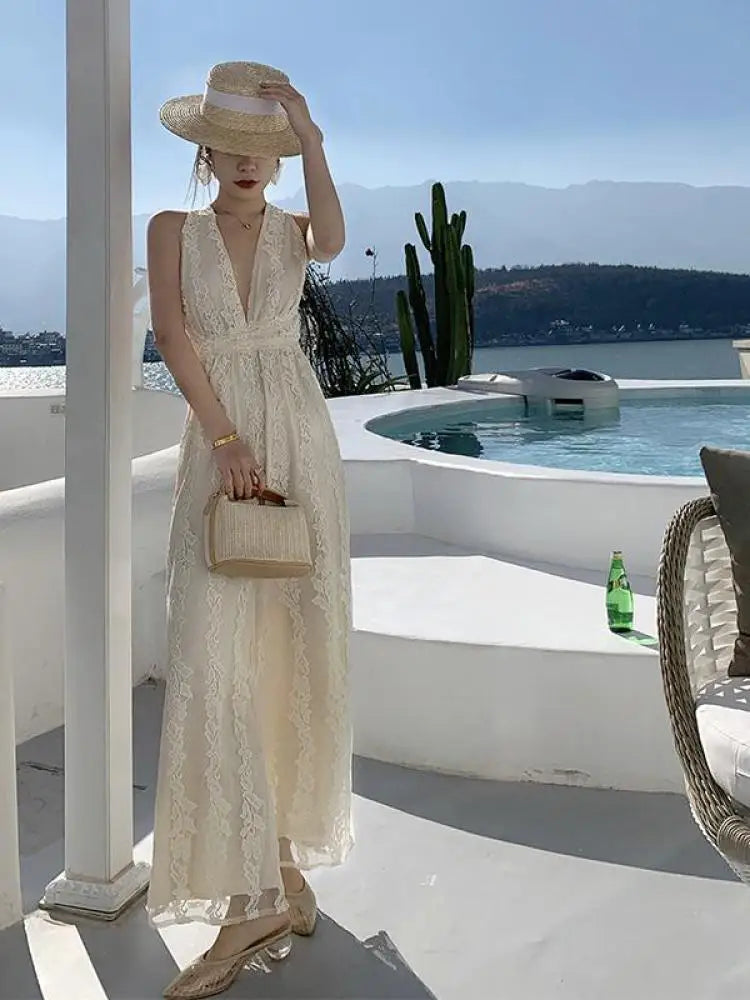 Women Beige Elegant Backless Pleated Lace Jumpsuit Summer V Neck Sleeveless High Waist Wide Leg Long Pant Rompers Sexy Club Chic.