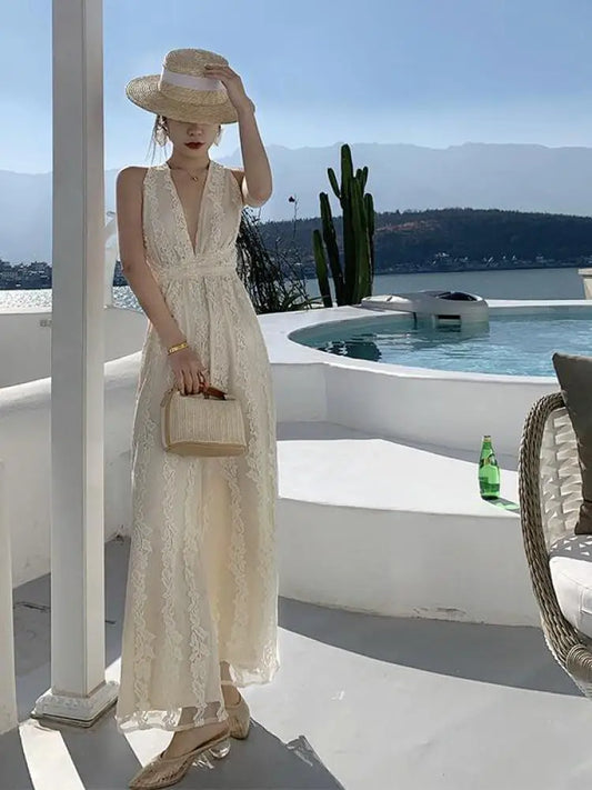 Women Beige Elegant Backless Pleated Lace Jumpsuit Summer V Neck Sleeveless High Waist Wide Leg Long Pant Rompers Sexy Club Chic.