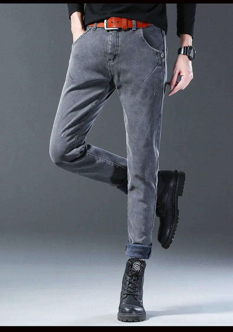 Winter Hot Sale Of The Season Trendy Stretchy Fleece Lined Thick Denim Mid Waist Fashionable Casual Warm Long Pants Men's Jeans
