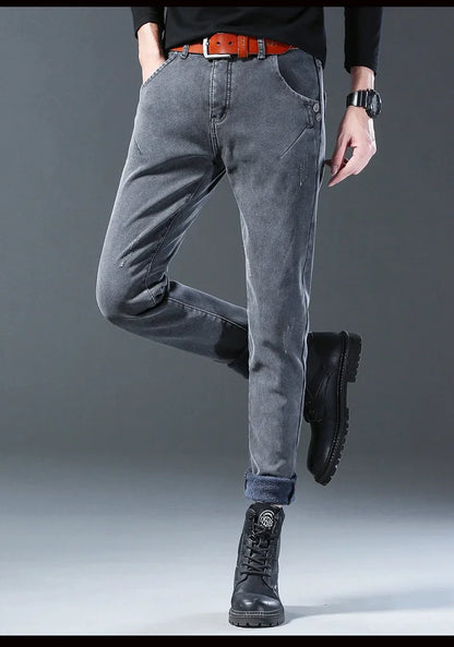 Winter Hot Sale Of The Season Trendy Stretchy Fleece Lined Thick Denim Mid Waist Fashionable Casual Warm Long Pants Men's Jeans