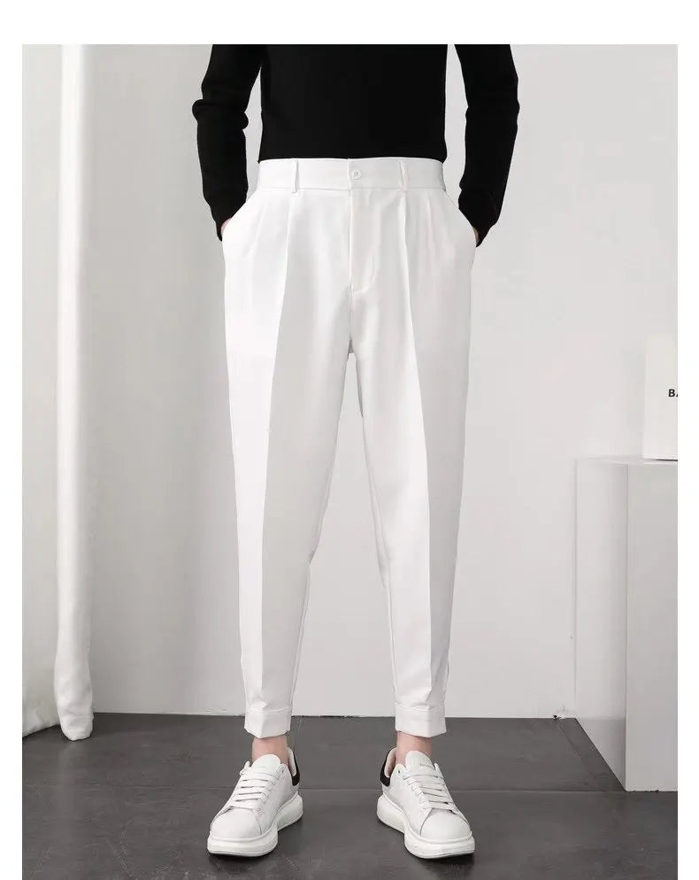Fashion Men Casual Pants Elastic Waist Small Feet Slim Korean Style Pleated Tapered Male Blazer Pants Trousers Streetwear.
