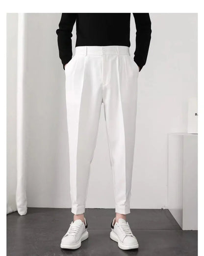 Fashion Men Casual Pants Elastic Waist Small Feet Slim Korean Style Pleated Tapered Male Blazer Pants Trousers Streetwear.