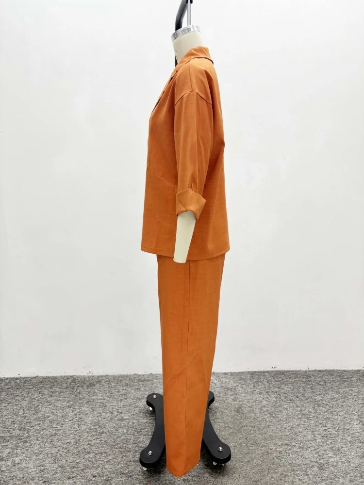 Wmstar Zwei Stück Set Frauen Großhandel Revers Lose Einreiher Hemd Hohe Taille Gerade Bein Hosen Lässig Eleganten Anzug