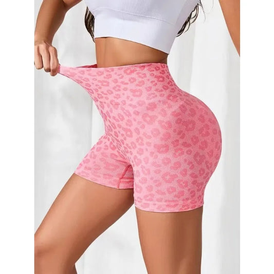Women Leopard Print Shorts Slim Seamless Leggings High Waist Sexy Hip Liftting Knit Gym Running High Elastic Yoga Shorts.