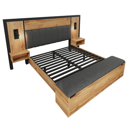 Bett mit gepolstertem Bettsystem mit Leselampe und USB-C-Nachttisch und Sitzbank mit Stauraum (ohne Matratze)