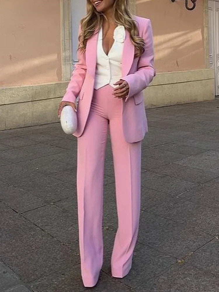 Women's Blazer New Spring Elegant Casual Office Lady Pink Jacket Coat Fashion High Waist Loose Wide Leg Trousers Pant Suit.