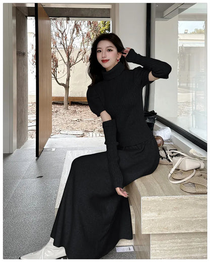 VigoAnne Spring Autumn 2025 Turtleneck Knit Woman 2 Piece Set Casual Solid High Waist Skirts Suits Korean Lady Long Dress Suit