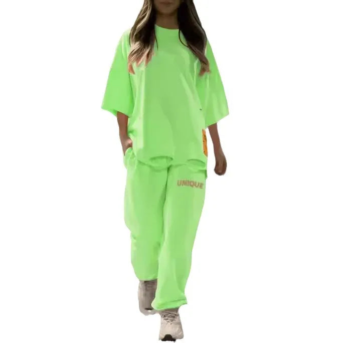 Summer New Fashion Hollowed Out O Neck T Shirt Women's 2 Piece Set Solid Color Casual Relaxed Tracksuit Pants Pocket Female Suit.