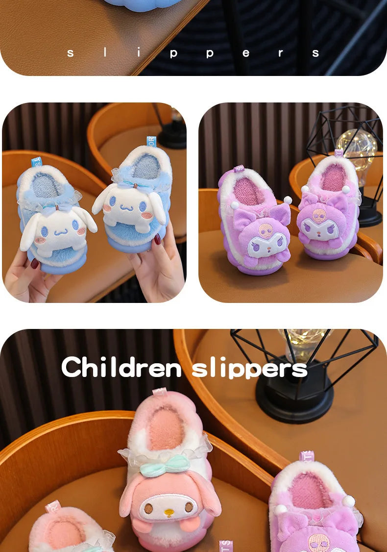 Sweet Family Winter Warm Slippers Cute Kawaii Sandals Kuromi My Melody Hello Kitty Soft Sole Shoes.