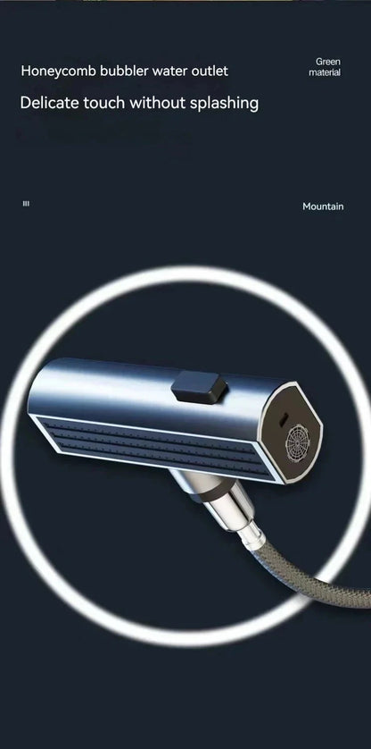 Gunmetal grey pull-out kitchen sink faucet, water flow spout, stainless steel, hot and cold water mixer, deck mounted faucet