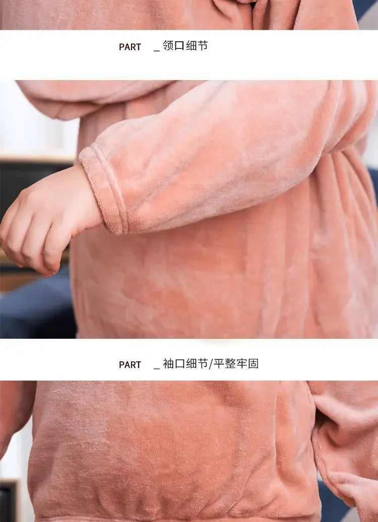 Winter Pajamas Coral Fleece Warm Pajamas Set Thick Long Sleeve Large Size 85kg Outside Pajamas Elastic Waist Trousers Pajama Set.