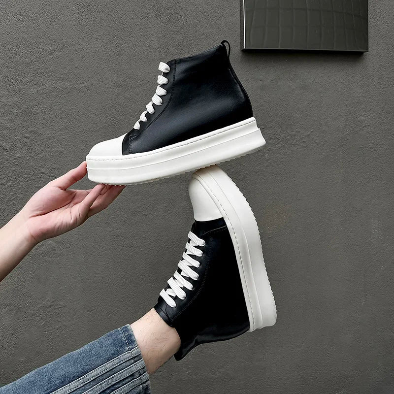 Street Style Ankle Boots for Men Genuine Leather High Top Shoes Fashion Brand Motorcycle Boots Thick Bottom  Male Walking Shoes.