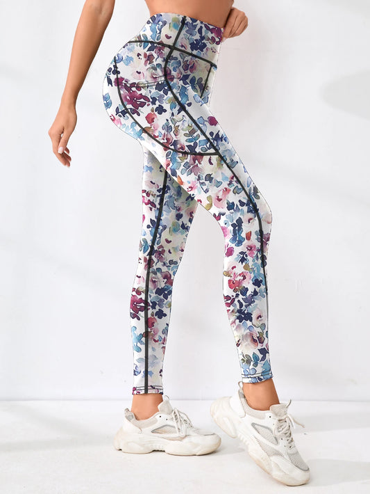 Bedruckte Damen-Fitnesshose mit hohem Bund und Tasche, gepaart mit engen Bauch-Yogahosen, geeignet zum Laufen, Wandern und Sp