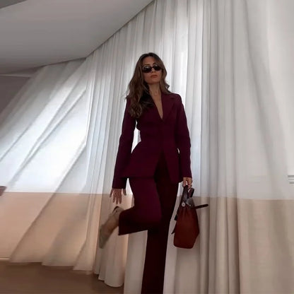 American New Fashion Women's Solid Color Casual Trendy 2 Piece Sets Long Sleeve Suit Blazers Wide Leg Trousers Female Clothes.