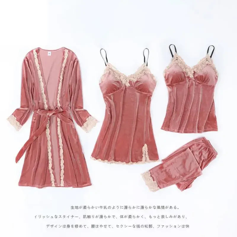 Autumn Velvet Women 4PCS Pajamas Set Sleepwear Burgundy Velour Bathrobe Nightwear Lace Patchwork Pijamas Suit Sexy Negligee
