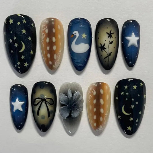 24pcs Gradient Black False Nails Yellow Star Moon Swan Pattern Press On Nails Sweet Cool Bowknots Flower Fake Nail Y2k Manicure.