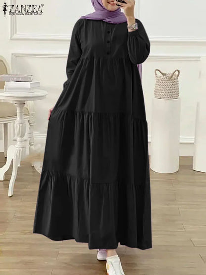 ZANZEA O Neck Casual Loose Maxi Dress Tiered Islamic Hijab Women Long Sleeve Long Vestidos Muslim Fashion Autumn Abaya Robes.