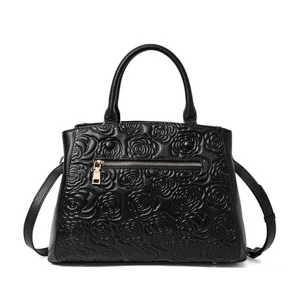 Leather handbag high sense handbag top layer leather rose pattern slung shoulder bag.