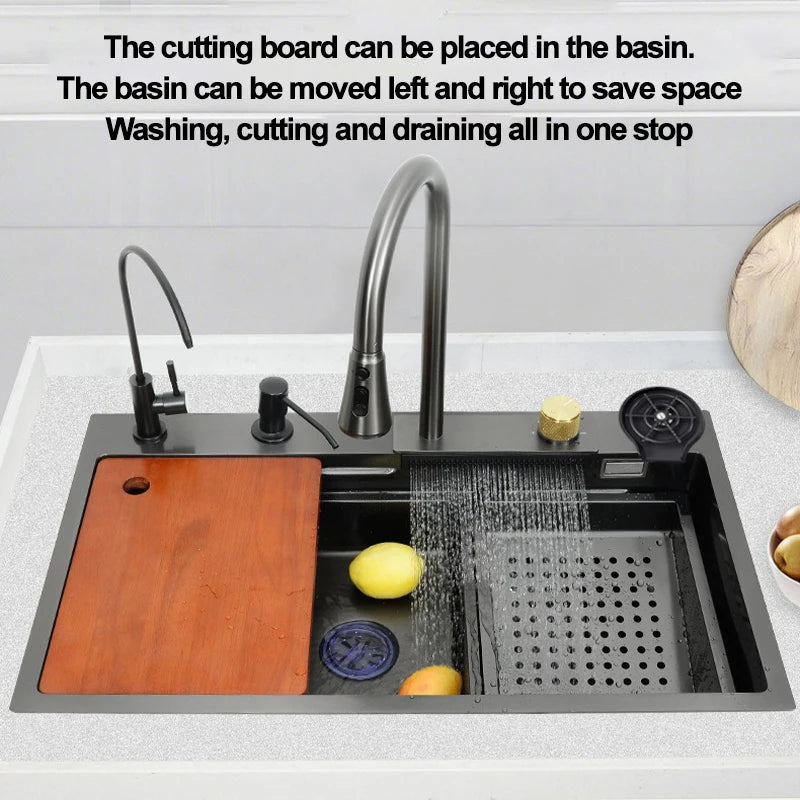 under the household sink    Black Stainless Steel Nano Undermount/Drop in Waterfall Single Bowl Kitchen Sink With Pull-Out Fauce