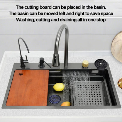 under the household sink    Black Stainless Steel Nano Undermount/Drop in Waterfall Single Bowl Kitchen Sink With Pull-Out Fauce