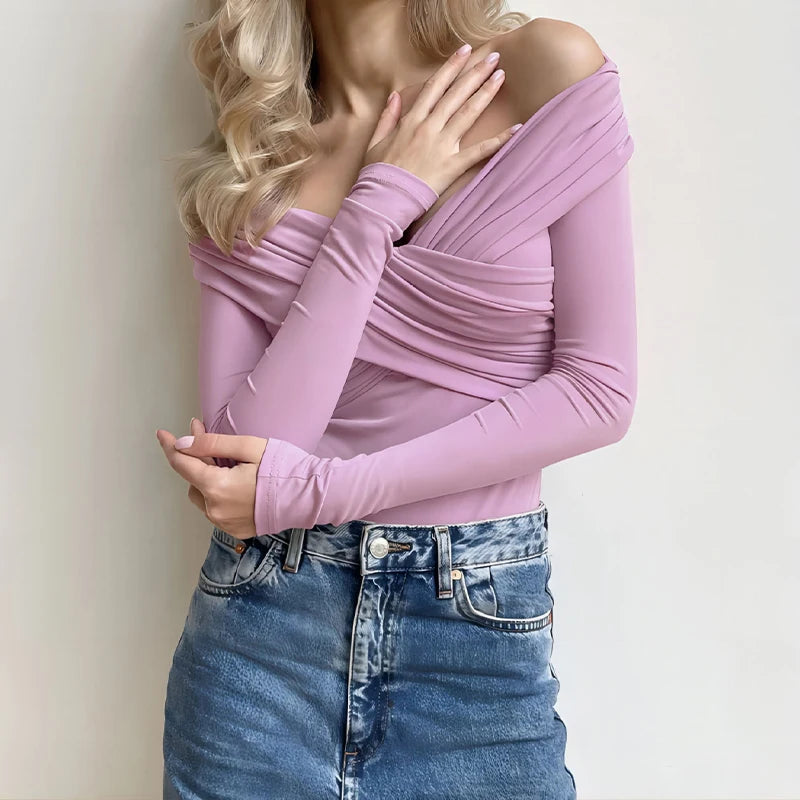 Chic Sexy Criss-cross Pleated Slash Neck Slim Fit Solid Color Basic 2024 Sexy Hot Female Long-sleeves High Waisted Bodysuit Tops.