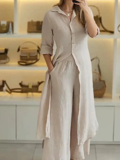 Spring Autumn Cotton Linen Loose 2 Piece Sets Casual Button Long Sleeved Women Outfit Elegant High Waist Wide Leg Pants Set Suit.