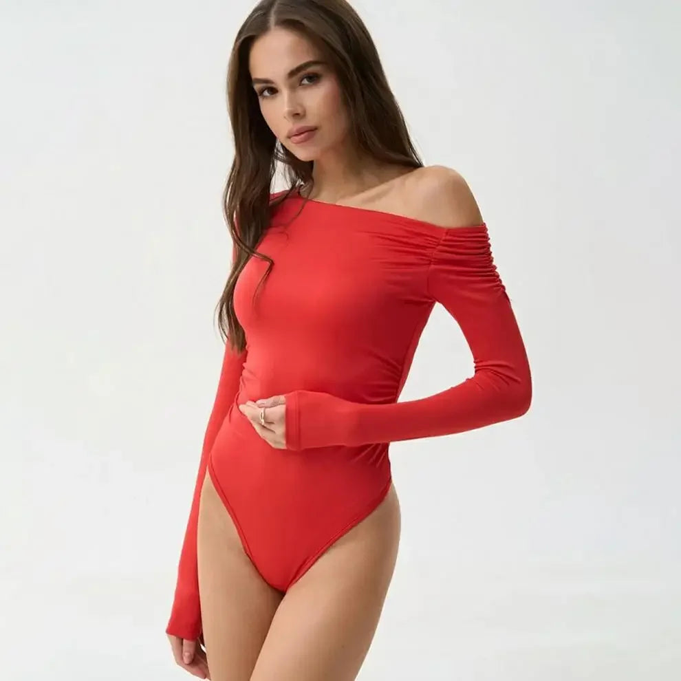 Fashionable Long Sleeve One Shoulder Pleated Romper Base Shirt T Shirt Women's Clothing Elegant Slim Fit Overall Fashionable Bas.