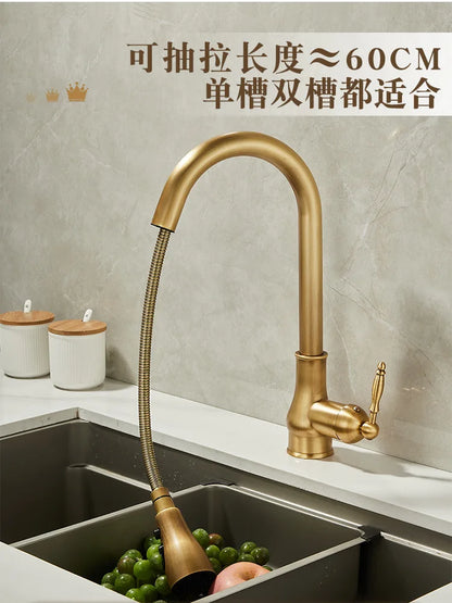 Antique Brass Kitchen Faucet Pull Out Spout Kitchen Faucets Black Single Hole Swivel Hot Cold Water Kitchen Mixers Taps