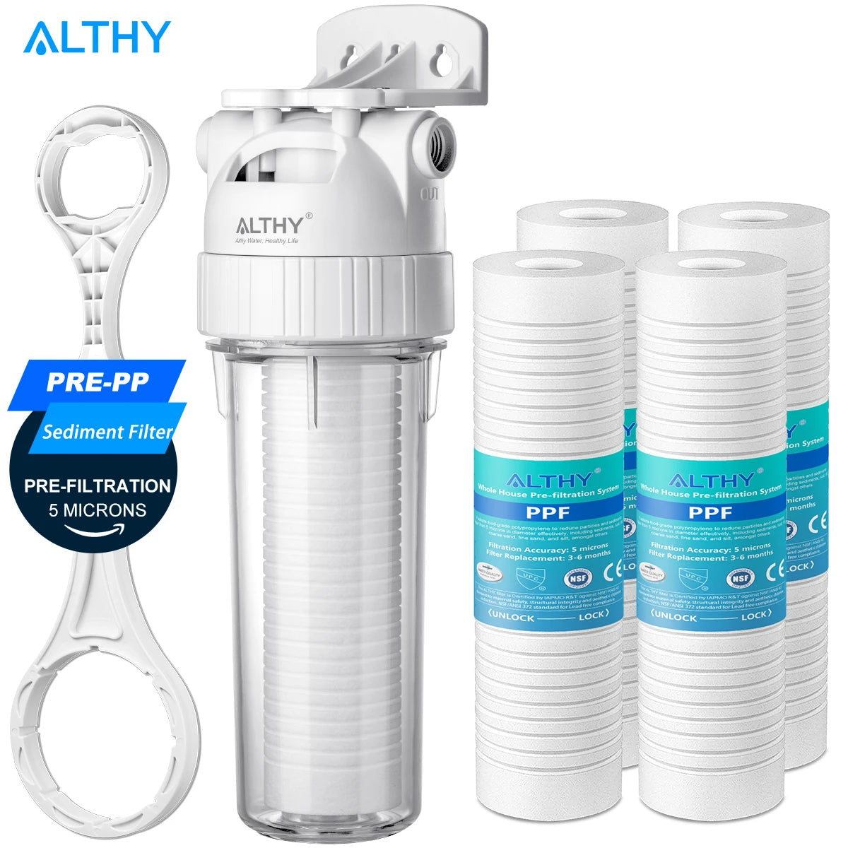 ALTHY 5 Micron Whole House Sediment Water Filter System Prefilter Purifier, 10 Inch PP cotton Pre filter.
