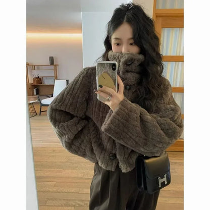 2025 Winter Fashion Stand Collar Warm Plush Short Jacket Women Autumn Retro Street Thickened Loose Harajuku Casual Short Jacket